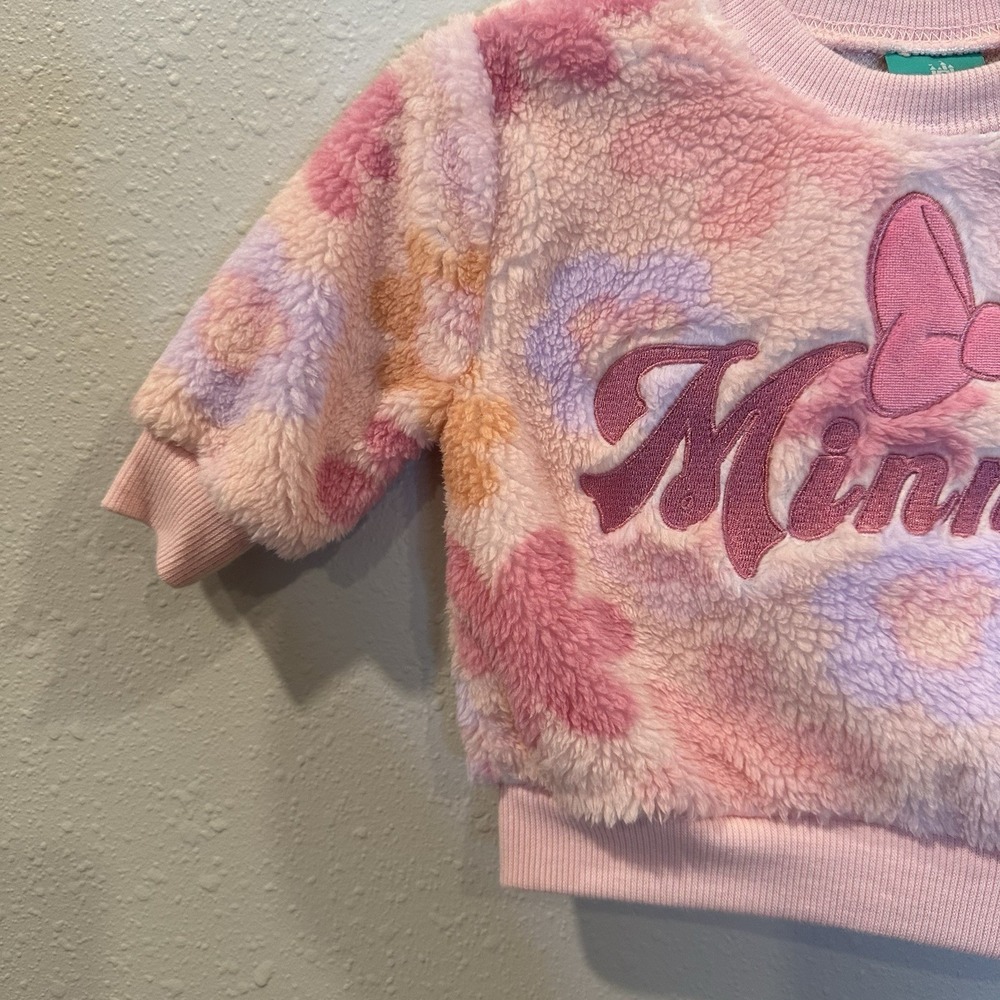 Disney Baby Minnie Mouse Girls 0-3M Sweatshirt Crew Neck Floral Spell-out Fuzzy - Picture 4 of 9